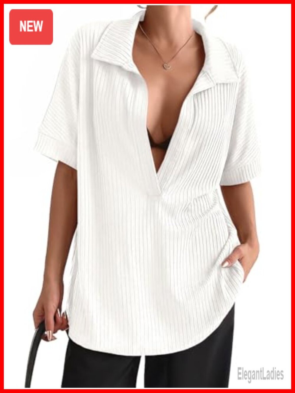 Ribbed Knit Collared V-Neck Short Sleeve Oversized Pullover Top